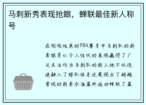 马刺新秀表现抢眼，蝉联最佳新人称号